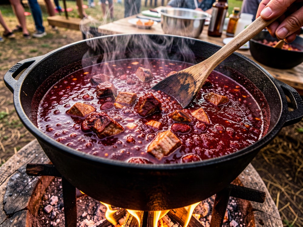 Cast-iron pot of chili simmering over a flame