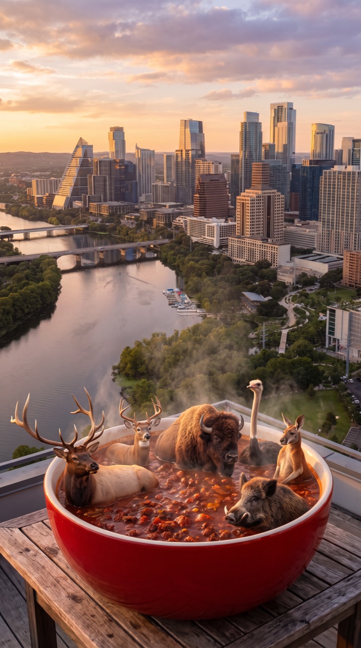 The Zoo Chili bowl above the Austin skyline at sunset
