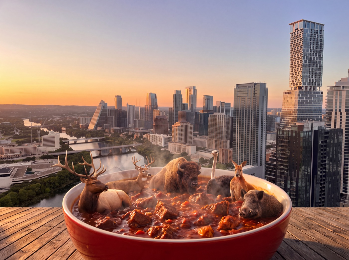 Elk, deer, bison, ostrich, kangaroo and boar in a giant bowl of chili above the Austin skyline