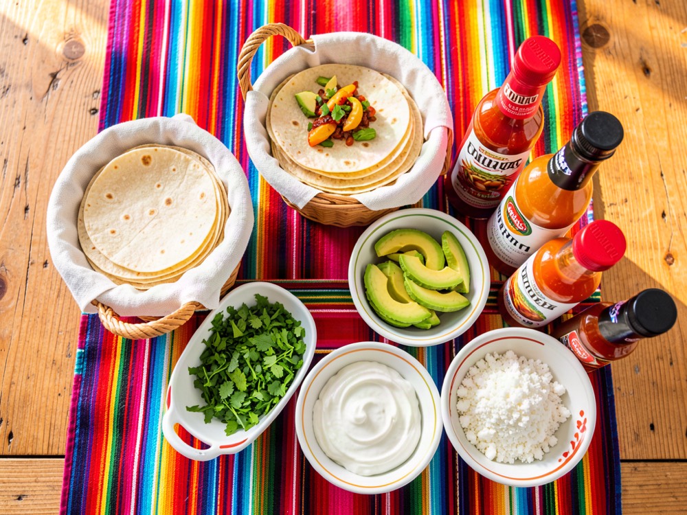 Tortillas, avocado, sour cream, cilantro, cotija and hot sauce laid out